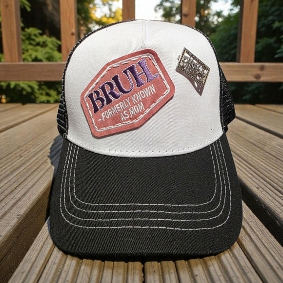 Upcycled Women's Black and White Trucker Hat With Mother Pin - Picture 11 of 11